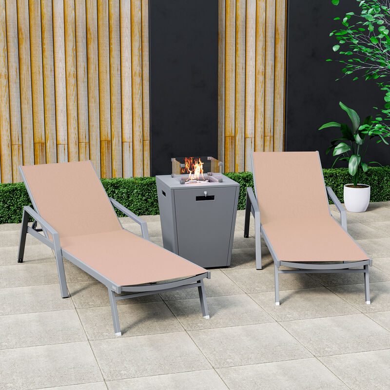 LeisureMod Marlin Modern Aluminum Outdoor Patio Chaise Lounge Chair With Arms in Grey Frame Set of 2 with Square Fire Pit Side Table