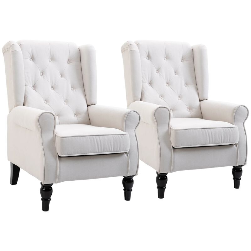Cream White Elegant Pair: Set of 2 Tufted Wingback Accent Chairs