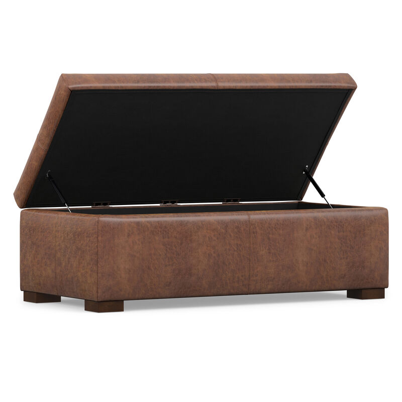 Gabbie 48 inch Wide Contemporary Rectangle Rectangular Storage Ottoman in Distressed Saddle Brown Vegan Faux Leather, Assembled image number 3