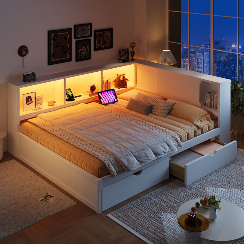 Merax Wooden Queen Daybed with Storage Shelves, LED Light Strip, USB image number 3
