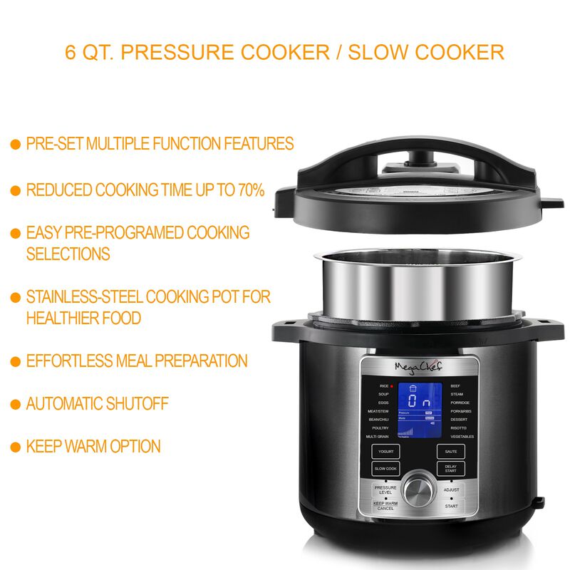 MegaChef 6 Quart Stainless Steel Electric Digital Pressure Cooker with Lid