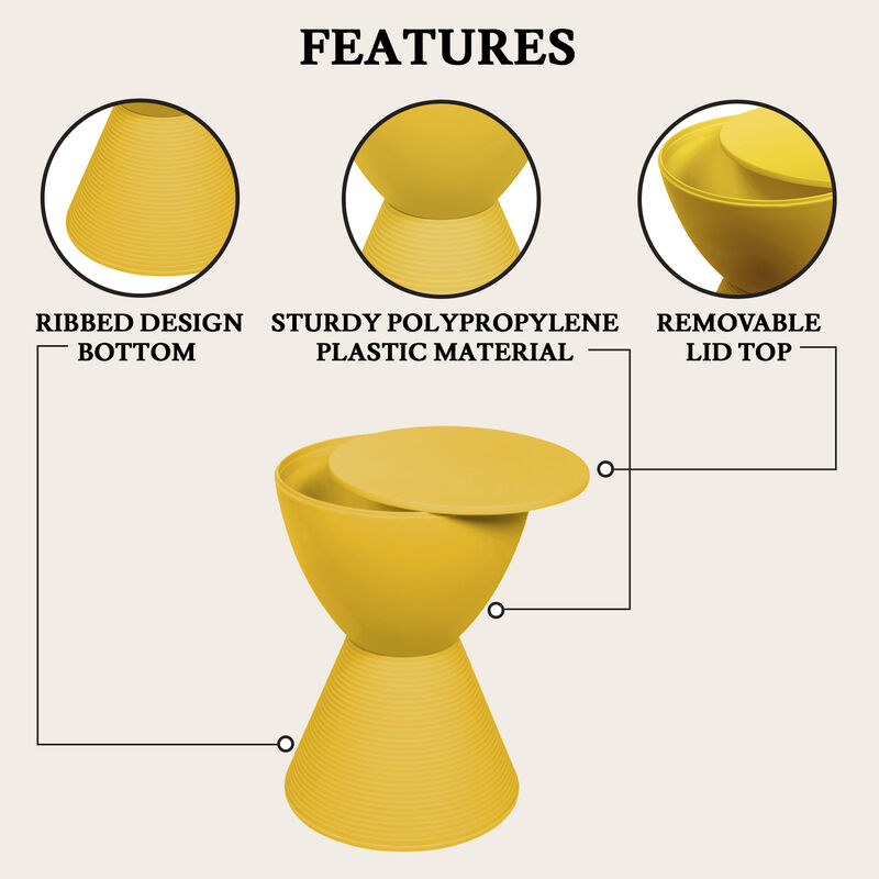 LeisureMod Modern ABS Shell Ribbed Hourglass Accent Drum Side Table with Removable Lid for Storage Indoor and Outdoor Use