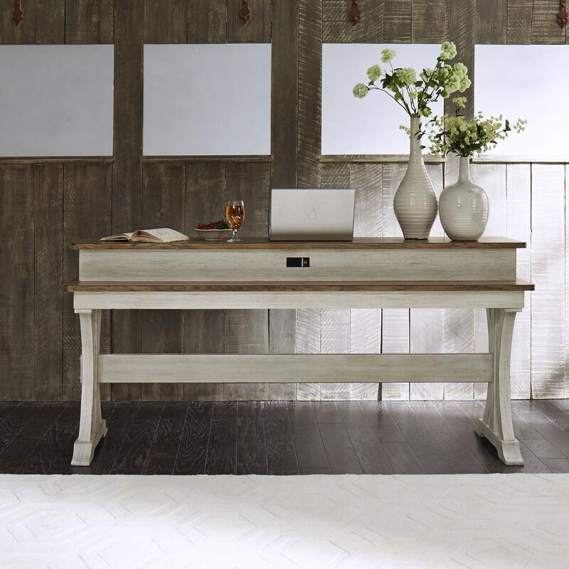 Liberty Furniture Farmhouse Reimagined Console Bar Table in Antique White w/ Chestnut Top image number 1