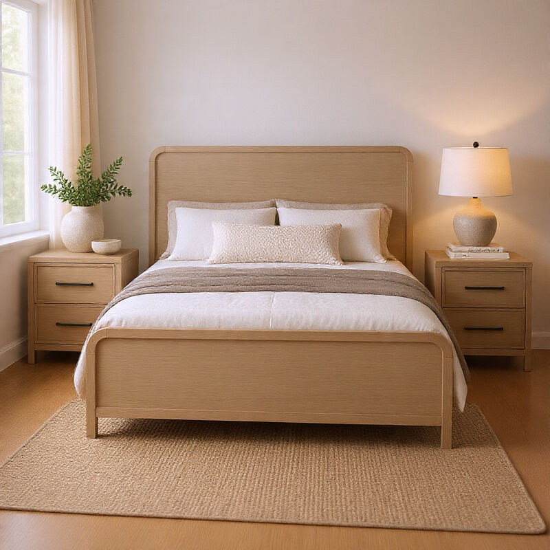 Queen Bedroom Set, Natural Oak Beige Brown Wood, 3 Piece Set with 2 Nightstands image number 8