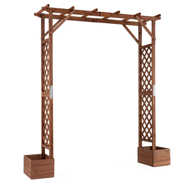 87 Inch Tall Wooden Garden Arbor with Hanging Roof and Planter Boxes