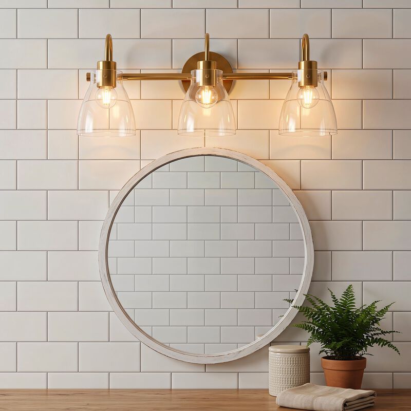 Brushed Brass Bathroom Vanity Light, Three-Light Clear Glass Shades image number 4