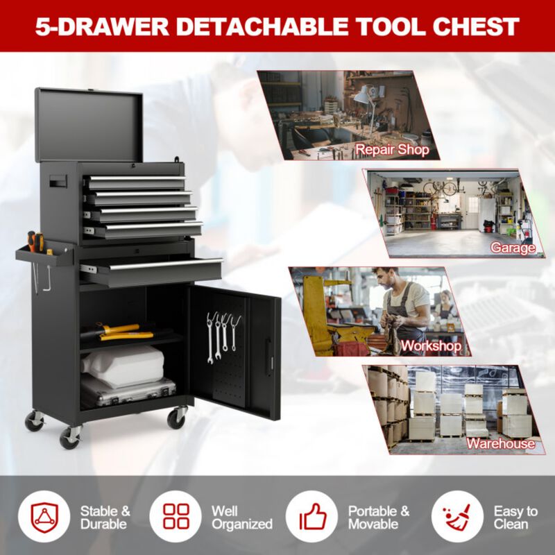 2-in-1 Rolling Tool Chest with 5 Lockable Sliding Drawers, Detachable Metal Tool Cabinet on Wheels image number 8