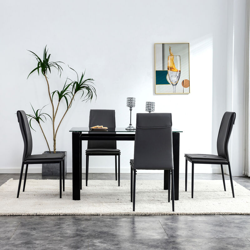 5 Pieces Dining Table Set for 4, Kitchen Room Tempered Glass Dining Table, 4 Faux Leather Chairs