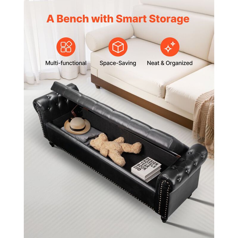 Tufted Storage Ottoman Bench with PU Leather Upholstery and Wood Legs image number 6