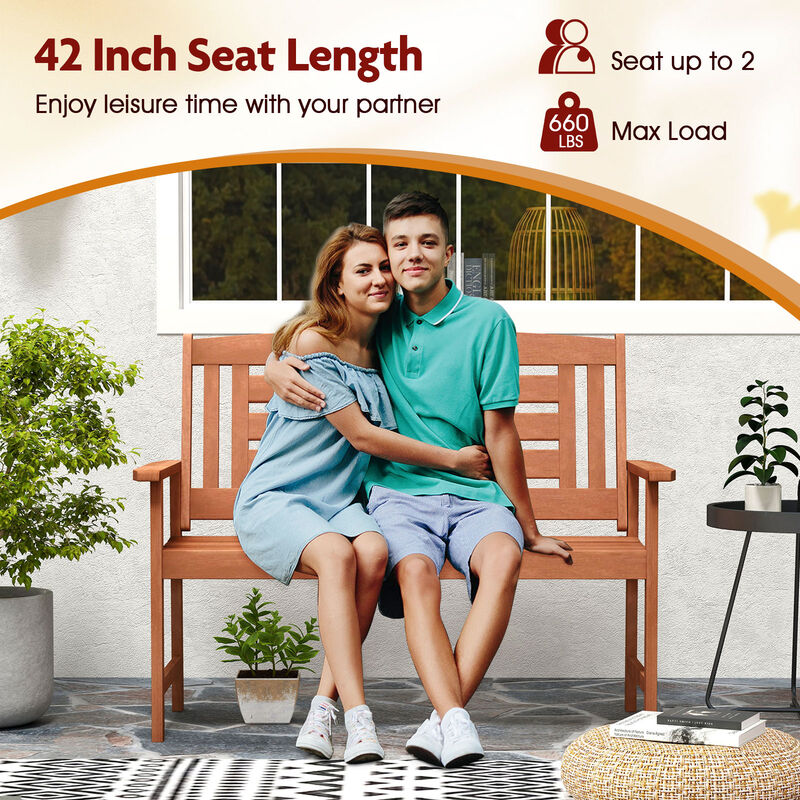 2-Person Outdoor Wooden Bench &ndash; Loveseat with Inclined Backrest & Open-Slat Seat