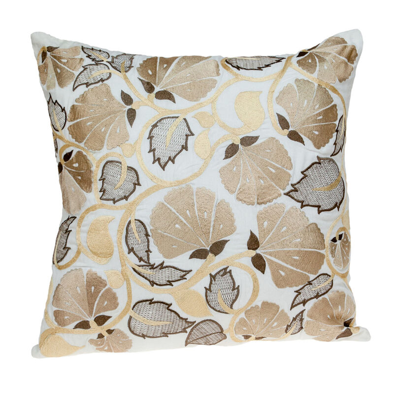 HomeRoots 22" Gold and White Floral Cotton Throw Pillow With Embroidery image number 0