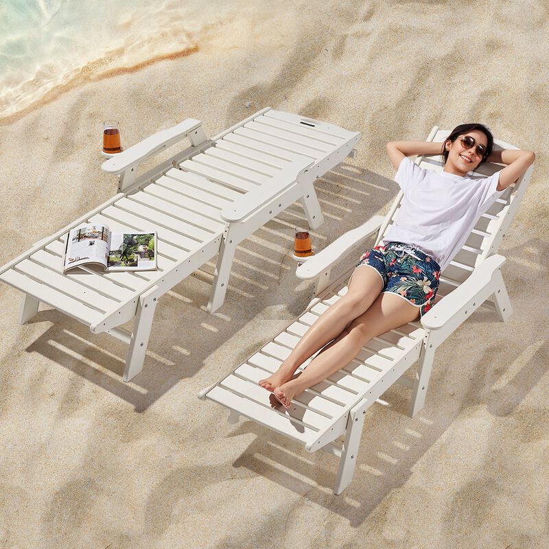 Outdoor Chaise Lounge Chair, 6-Position Adjustable HDPE Recliner with Cup Holder image number 1