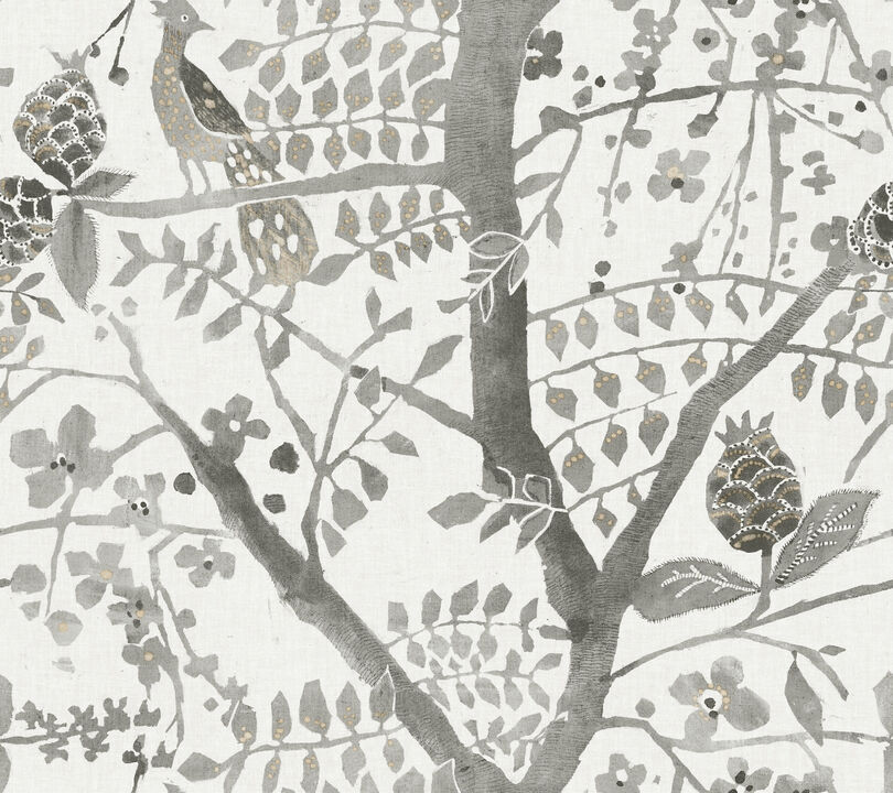 Peacock Block Print Grey Wallpaper