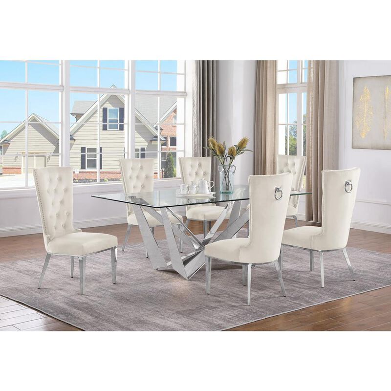 7pc Small(78") glass dining set with silver base and 6 Cream side chairs