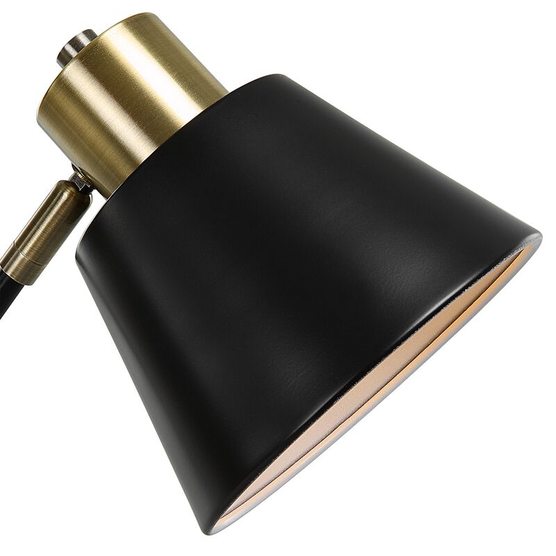 23 Inch Desk Lamp, Adjustable Arm, USB Port, Antique Brass and Black Metal  - Benzara