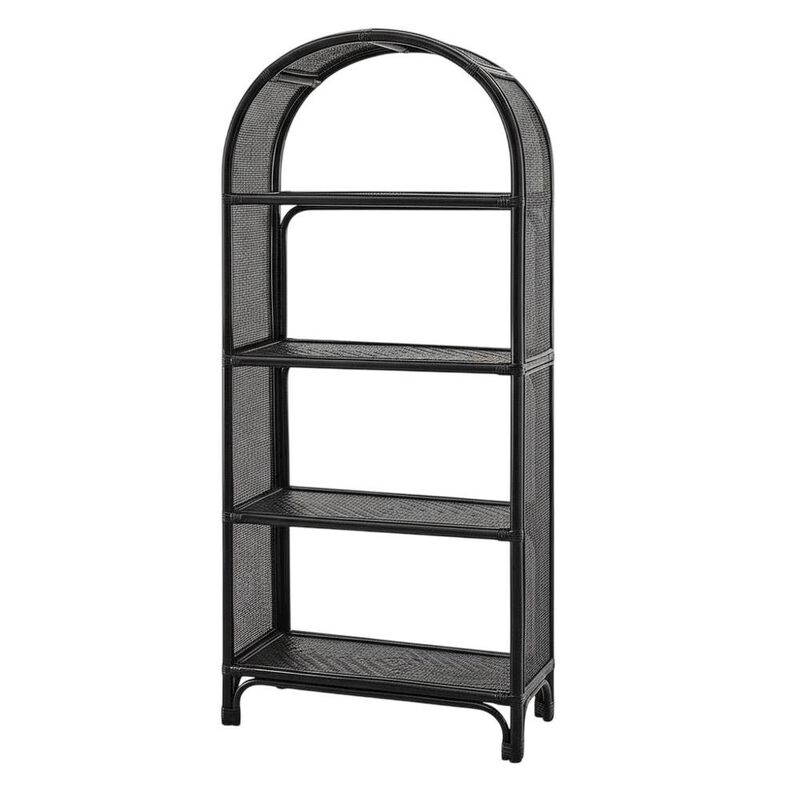 Black Arched Rattan Bookshelf with Slim Shelves and Natural Finish image number 0