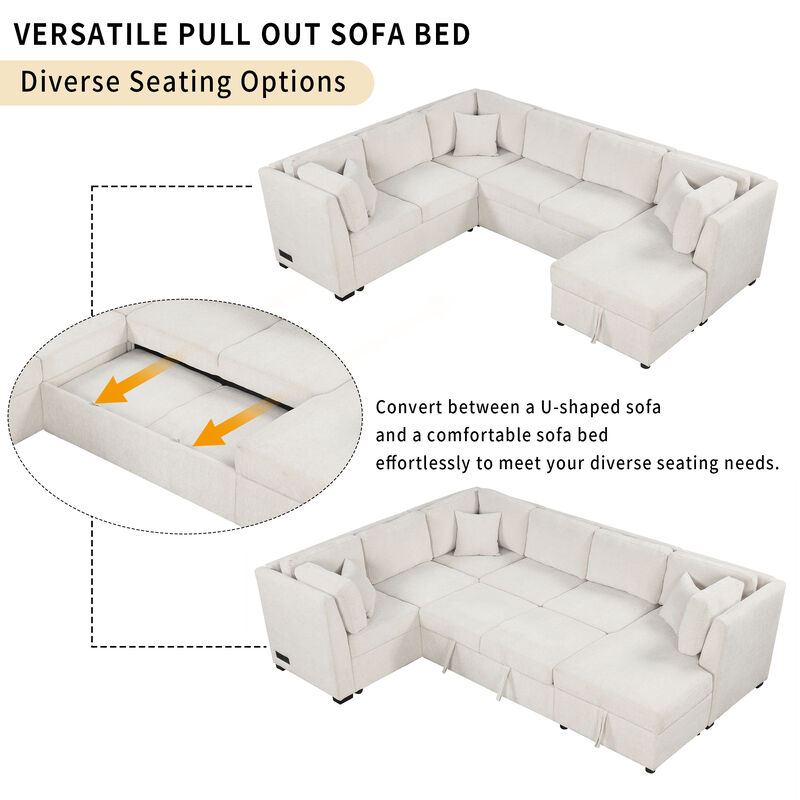 Merax U-shaped Sectional Sofa Pull Out Sofa Bed with 2 USB Ports image number 3