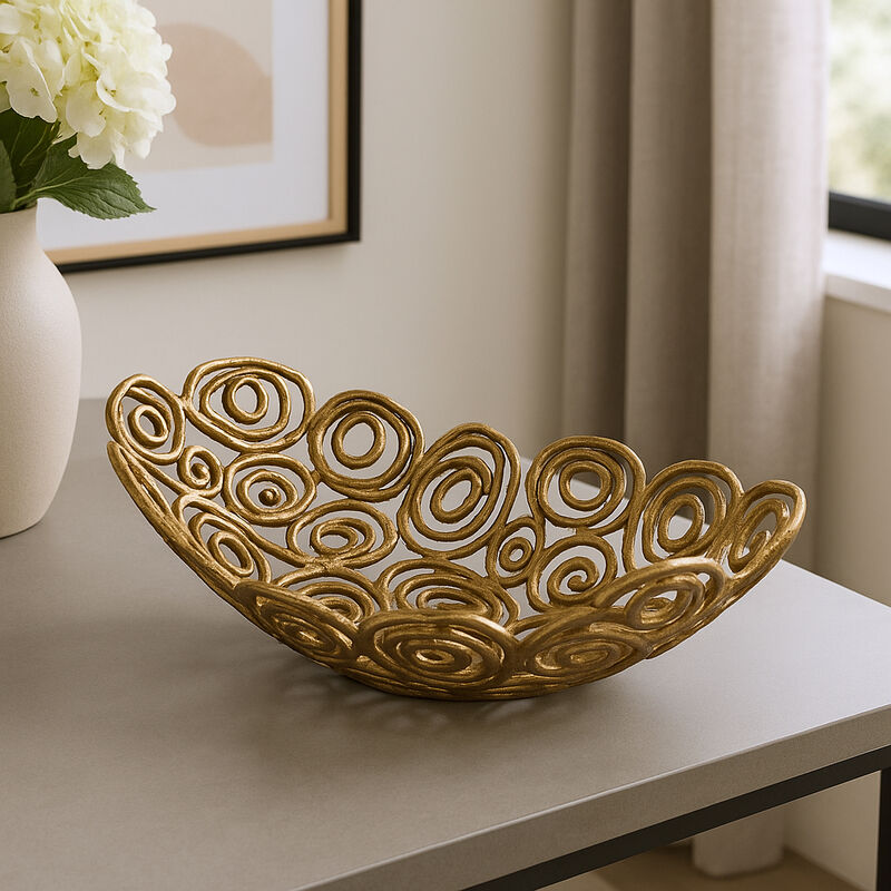 HomeRoots 20" Gold Aluminum Abstract Circles Oval Decorative Bowl image number 1