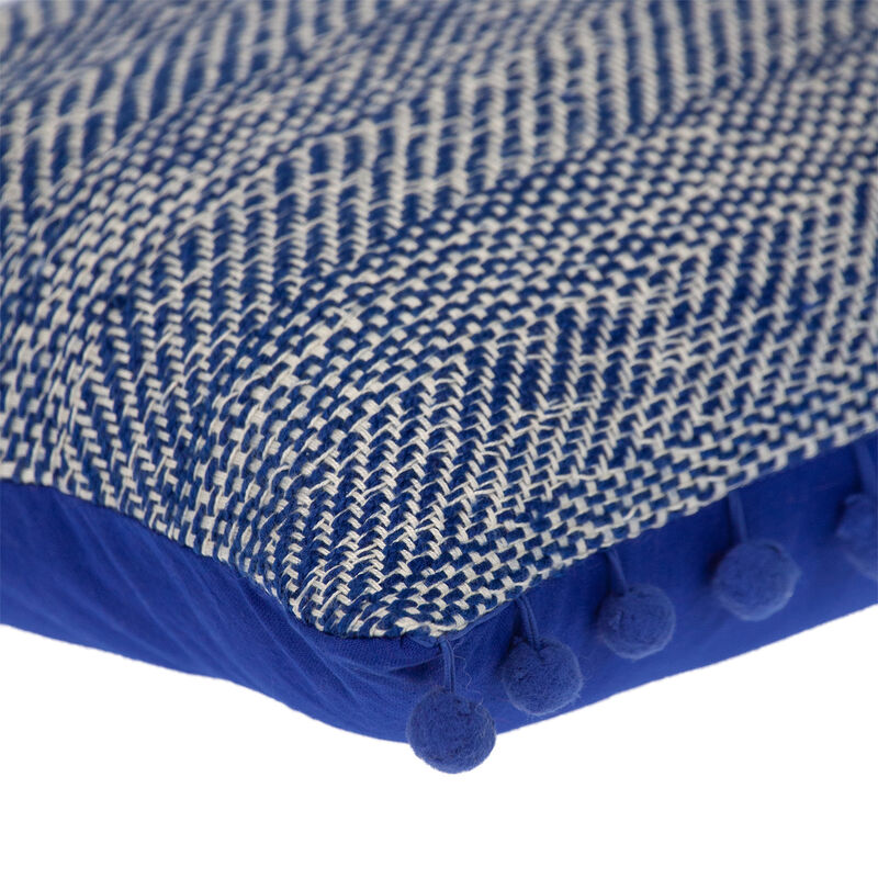 HomeRoots 18" Blue and White Weave Cotton Throw Pillow With Pom Poms image number 3