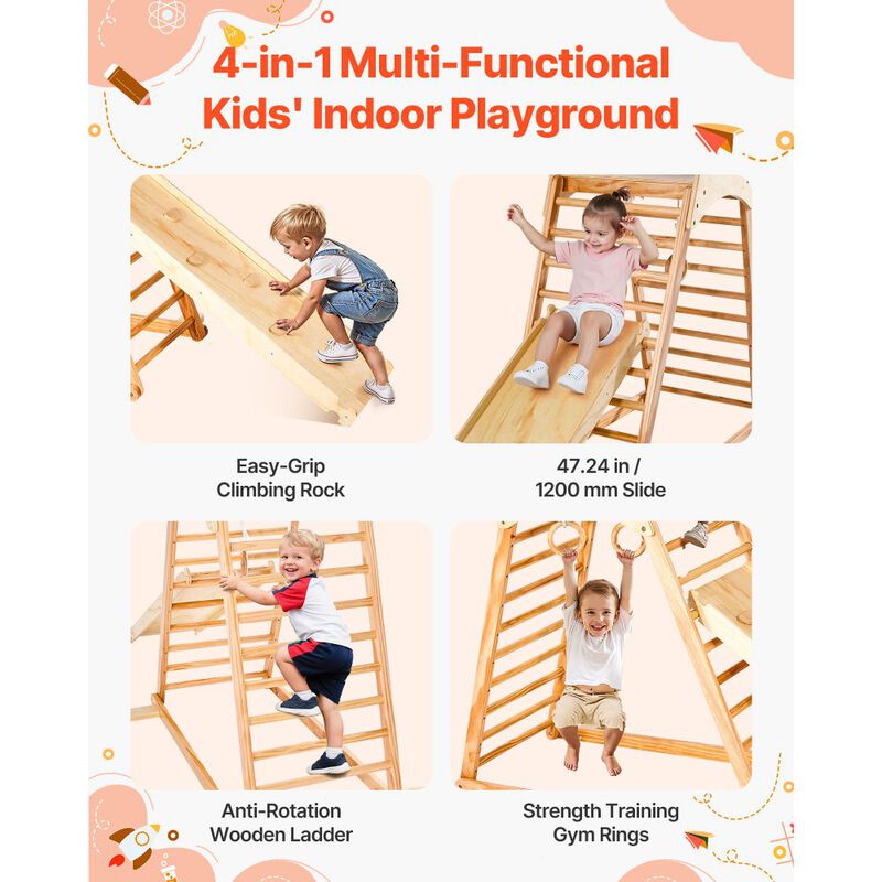 Wooden Indoor Playground Jungle Gym 4-in-1 Kids Climber with Slide, Ladder & Rings-Natural image number 6