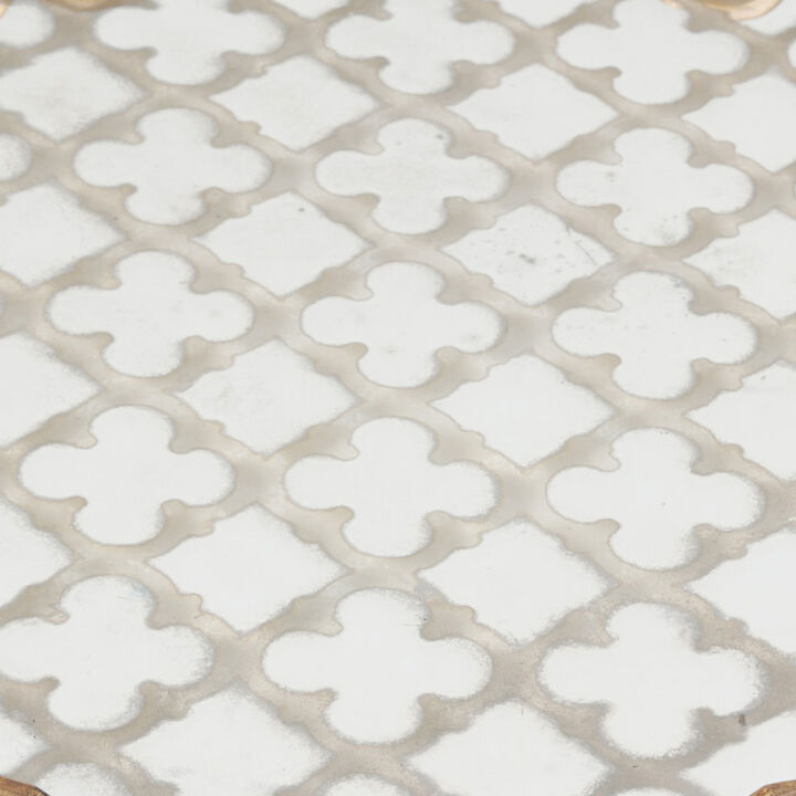 Sui 18 Inch Round Decorative Tray, Glass Bottom and Gold Geometric Frame - Benzara