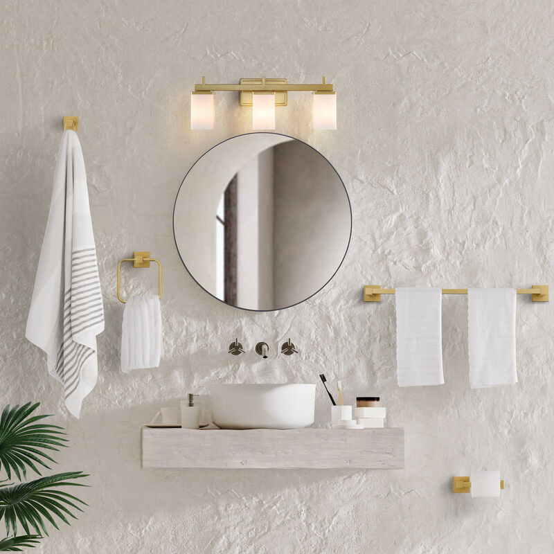Caia 22.38" 3-Light Modern Contemporary Vanity Light with Frosted Glass Shades and Bathroom Hardware Accessory 5-Piece Set