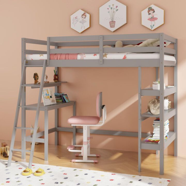 Hivvago Twin Size Loft Bed with Desk and Bookshelves for Kids and Teens