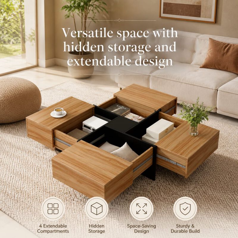 GOODSILO Modern Extendable Coffee Table with Hidden Storage Compartments and Sliding Tabletop Design image number 4