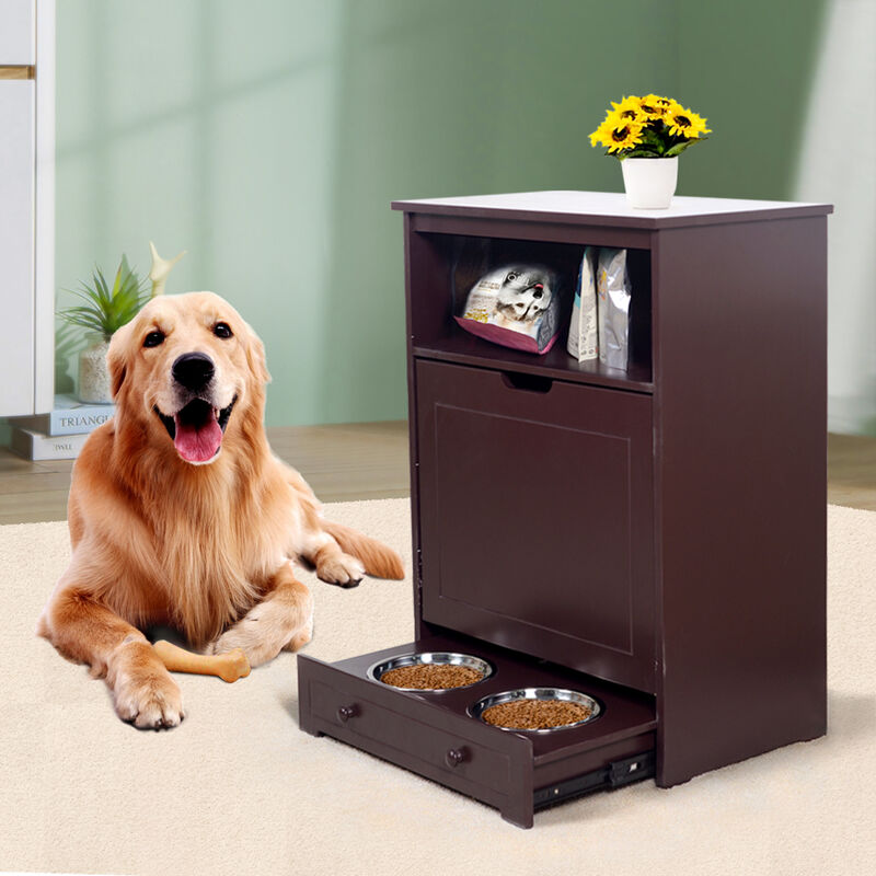 Pet Feeder Station with Storage, Made of MDF and Waterproof Painted, Dog and Cat Feeder Cabinet with Stainless Bowl
