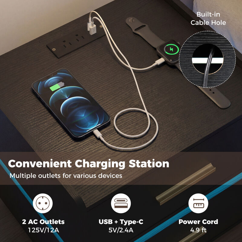 Modern Nightstand with LED Light, Charging Station and 2 Storage Drawers image number 4