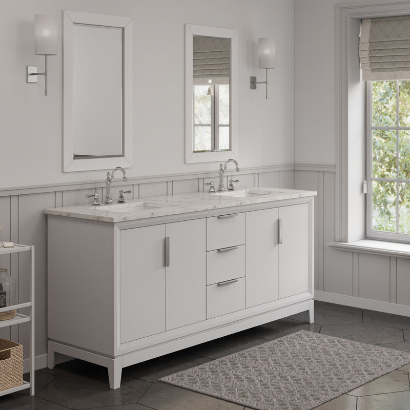 Elizabeth 72 In. Double Sink Carrara White Marble Countertop Bath Vanity In Pure White with Brushed Silver Hardware