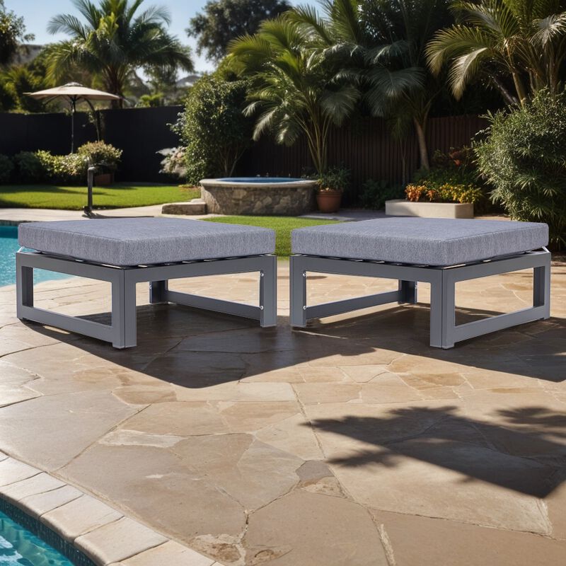 LeisureMod Chelsea Set of 2 Outdoor Patio Ottomans, Black Aluminum with Cushions, Weather-Resistant Footstools for Garden or Deck
