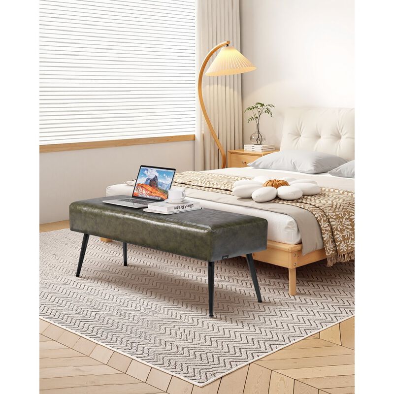 Upholstered Leather Bench with Stitching and Metal Legs for Bedroom, Entryway, Hallway Seating-Green image number 3
