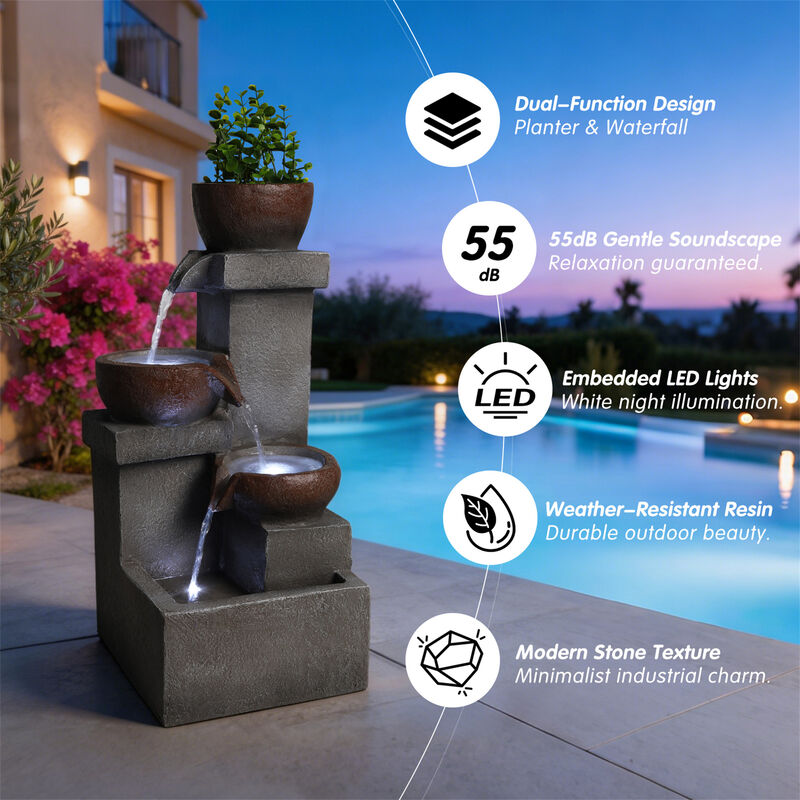 Outdoor Water Fountain Tiered Cascading Jar Waterfall Resin Garden Patio Decor image number 4