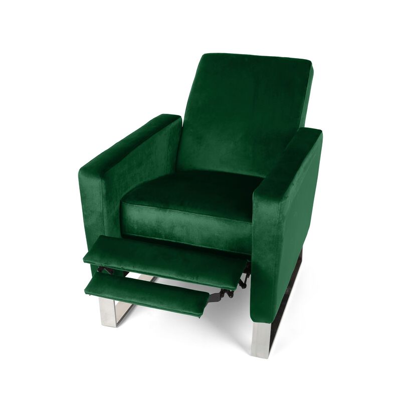 Reki Recliner Chair, Manual Push Back, Stainless Steel, Green Velvet - Benzara