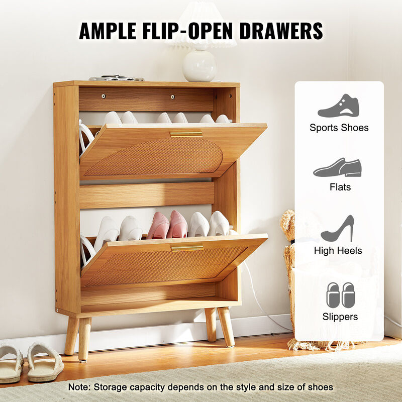 Shoe Cabinet with 2 Flip Rattan Drawers, Freestanding Storage for Entryway