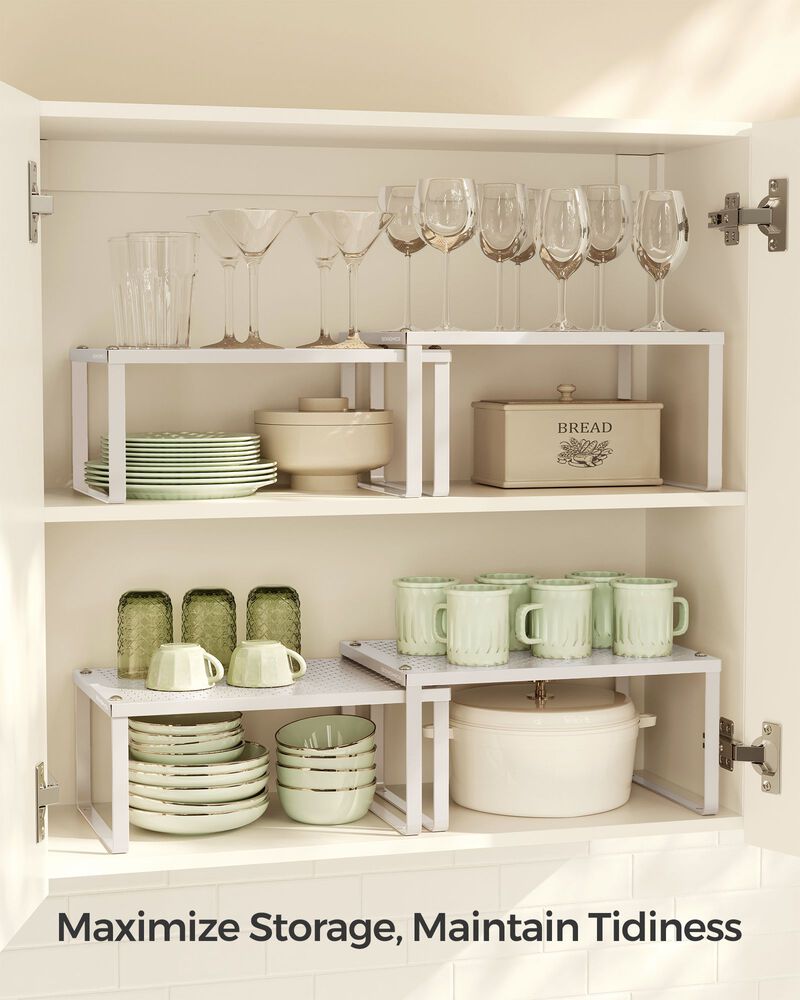 Set of 2 Stackable and Expandable Metal Cabinet Shelf Organizers for Kitchen Counter