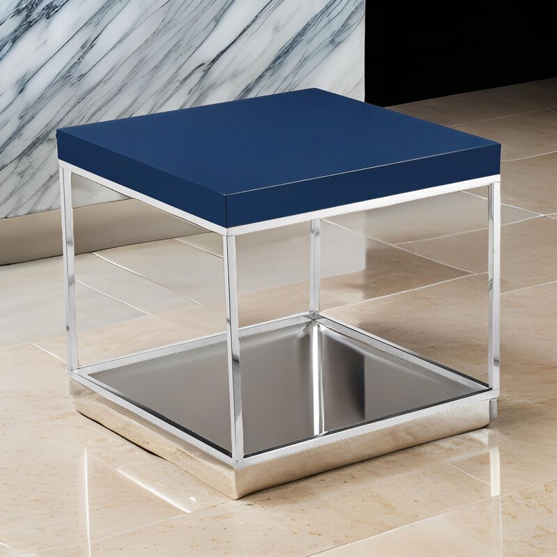 Zen 24 Inch Side End Table, Square, Polished Blue Top, Chrome Metal Finish