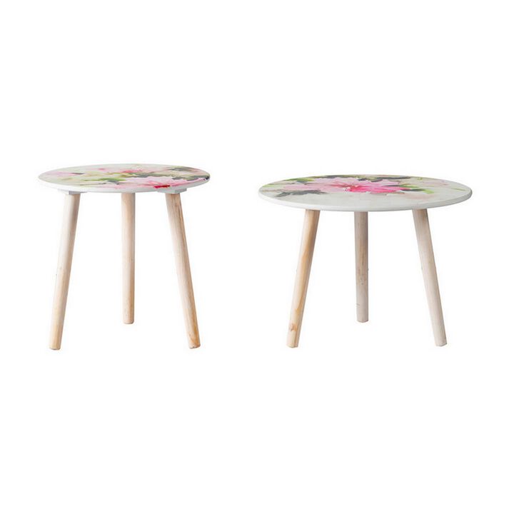 Byle 16, 20 Inch Side Table Set of 2, Floral Design, Pink and White - Benzara