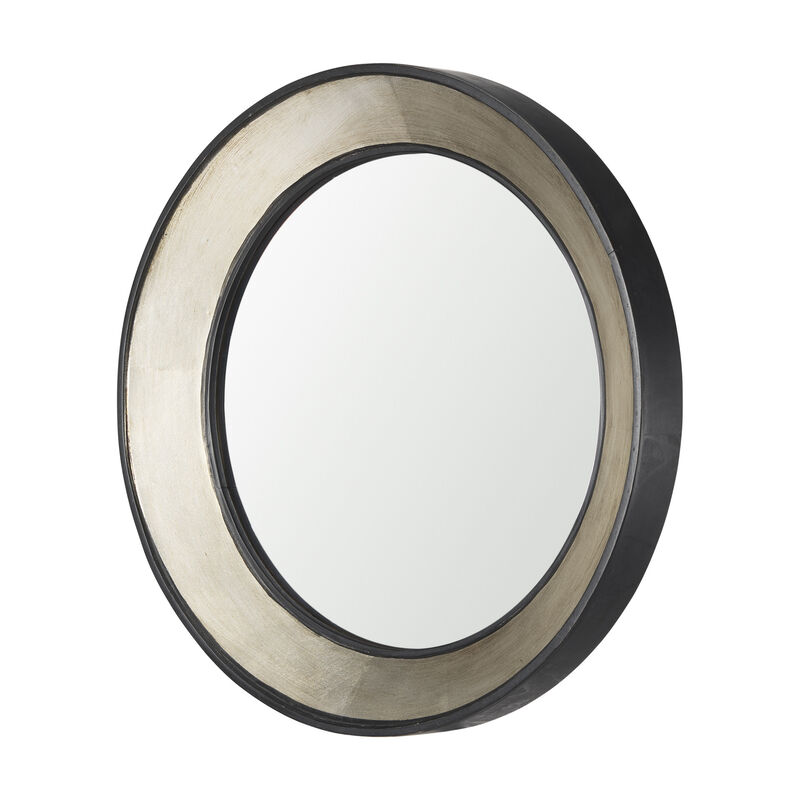 HomeRoots 22" Champagne And Dark Brown Metal And Solid Wood Round Framed Accent Mirror image number 0