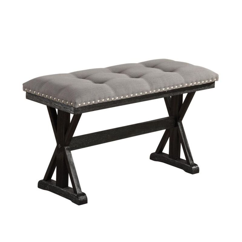 Best Quality Furniture Counter height dining bench with grey linen fabric and light espresso base