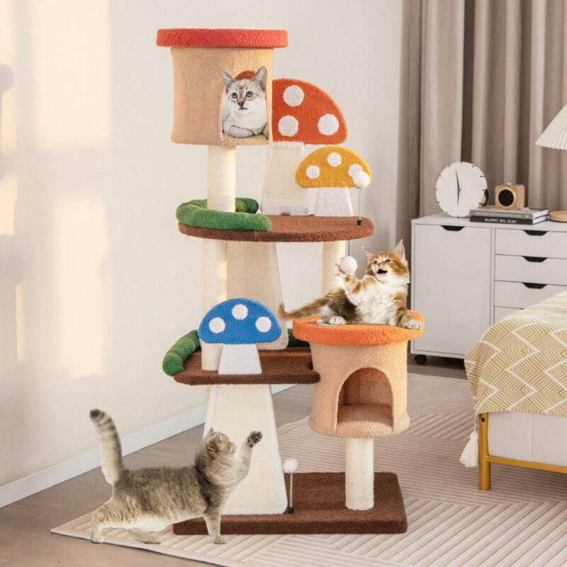 Hivvago 4-In-1 Cat Tree with 2 Condos and Platforms for Indoors-Multicolor