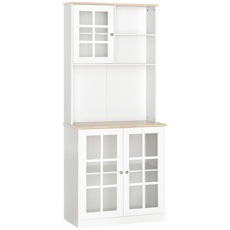 White Kitchen Tower: 72" Freestanding Pantry with Glass Doors & Shelves