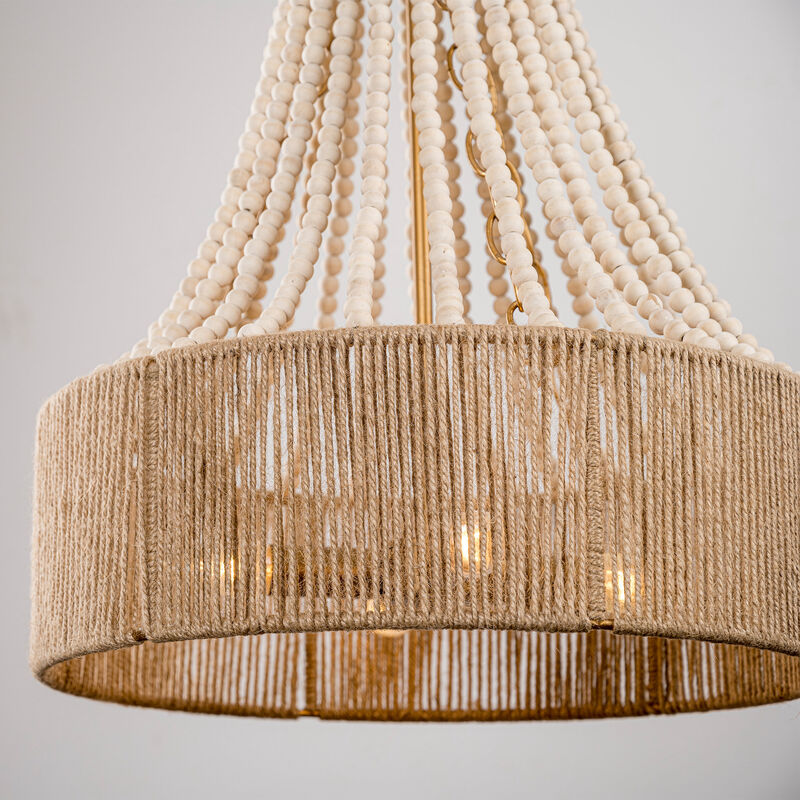 4-Light Bohemiann Woven Hemp Rope Wood Beads Chandelier
