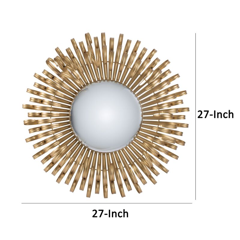 27 Inch Round Wall Mount Accent Decor Mirror, Sunburst, Iron Frame, Gold - Benzara