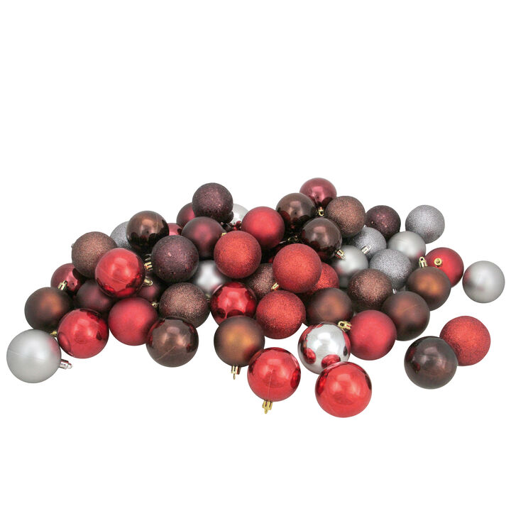 60ct Mocha Brown  Red and Silver Shatterproof 4-Finish Christmas Ball Ornaments 2.5" (60mm)