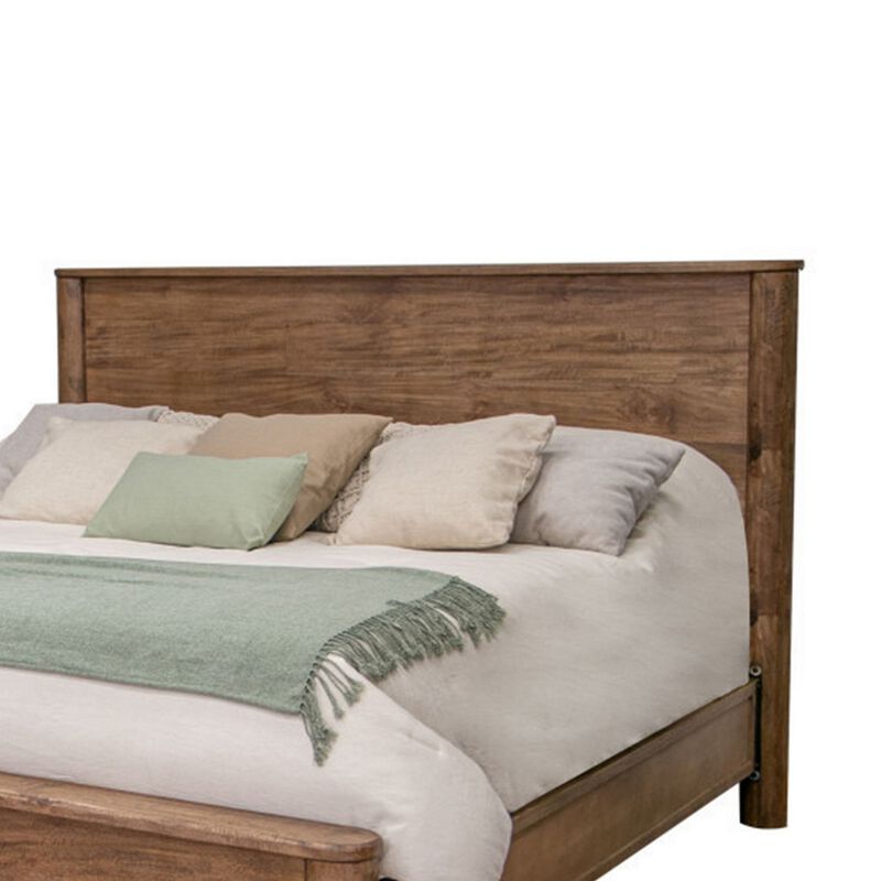 Olum Queen Size Bed, Mango Wood, Grain Details, Rounded Edges, Rustic Brown - Benzara