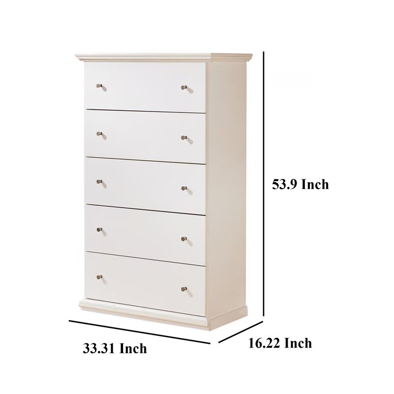 Twik Tall Dresser Chest, 5 Storage Drawers, White Molded Trim Details - Benzara