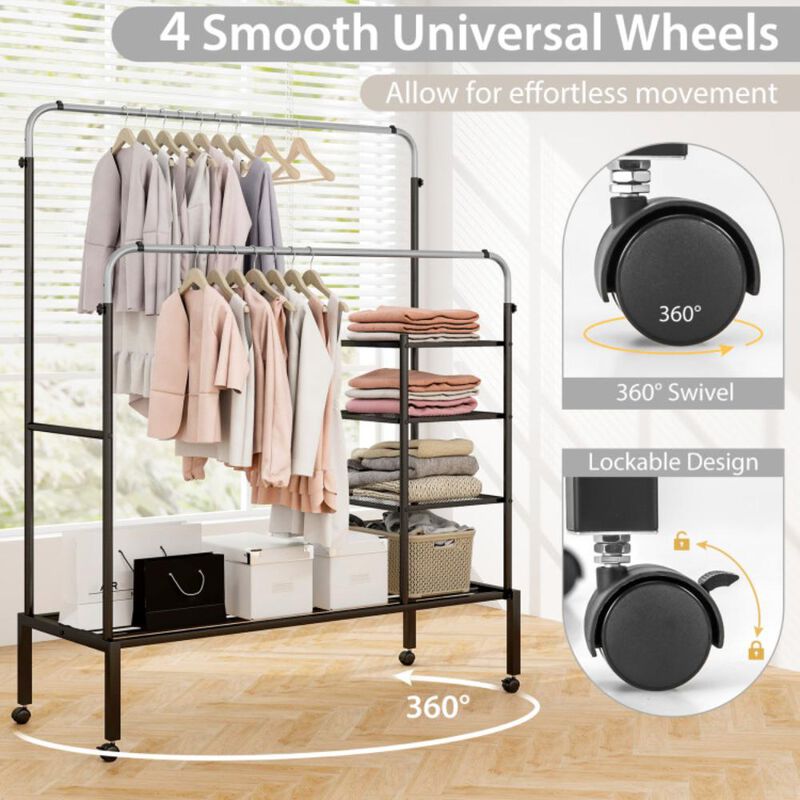 Hivvago Rolling Double Rods Garment Rack with Height Adjustable Hanging Bars