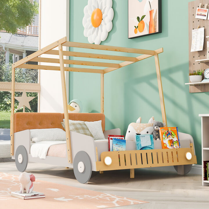 Whisen Wooden Car Bed with Pillow, Ceiling Cloth and LED